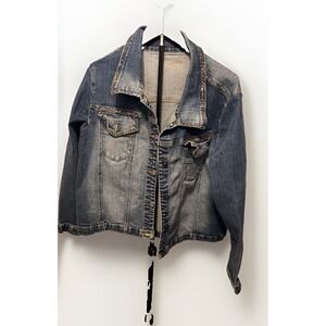 Sweet Vibes 2X Rhinestone Cropped Denim Jacket Blue Stretch Y2K Vtg 00s